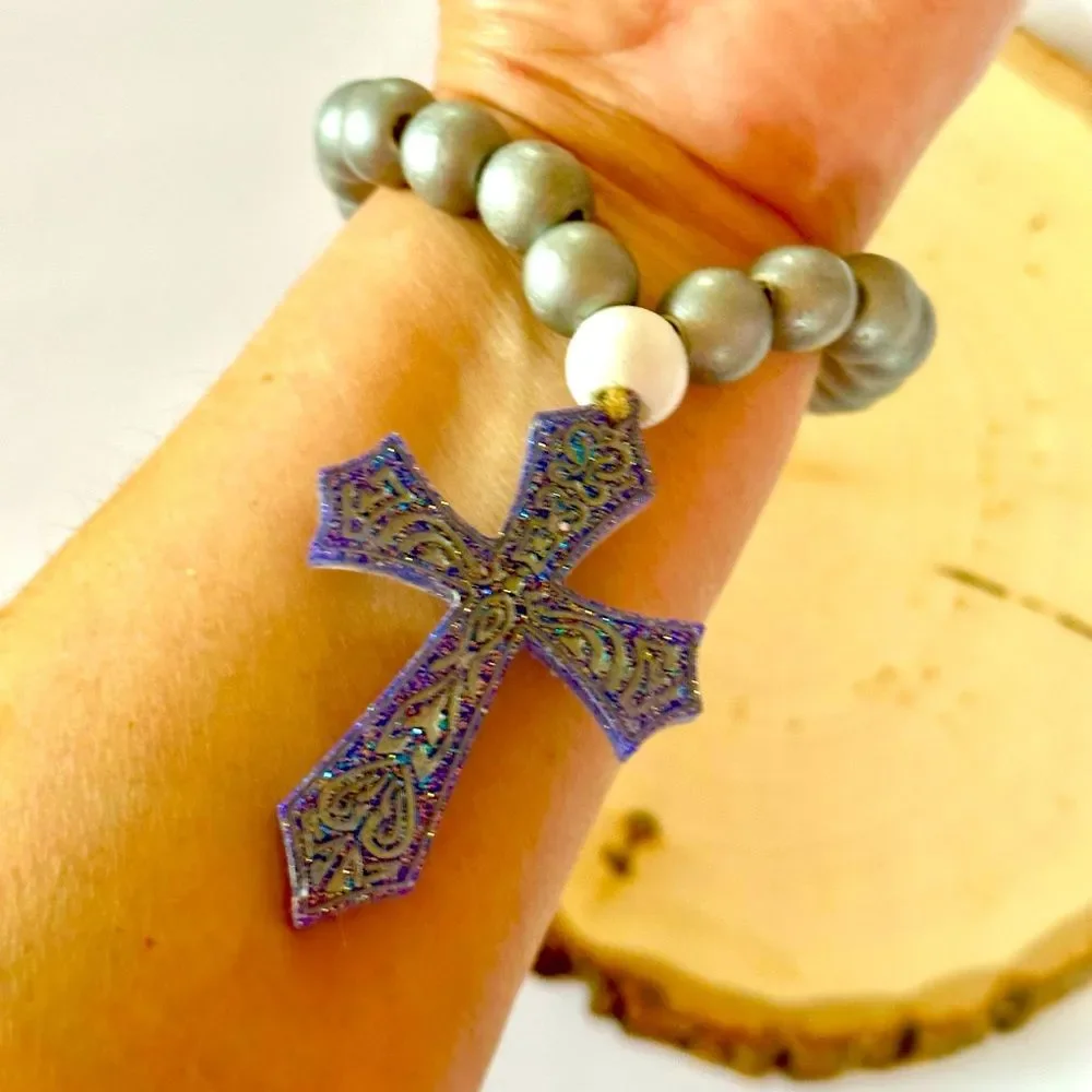 NWOT HANDMADE Cross Rosary (Blue, White and Silver) - Picture 3 of 3